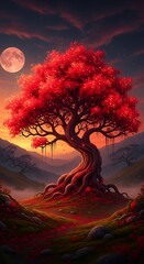 Crimson Canopy - A Digital Painting of a Red Tree Under a Full Moon.