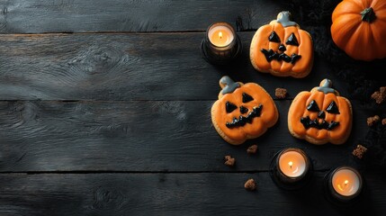 halloween pumpkin cookies on wooden table,