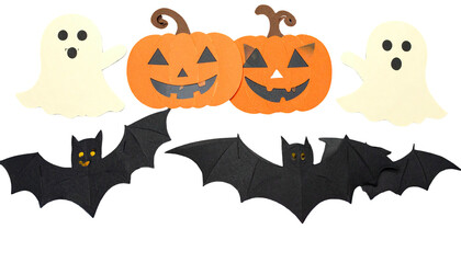 Festive cut-out decorations happy ghosts, jack-o'-lanterns, and bats in a row
