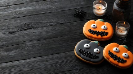 halloween pumpkin cookies on dark wood,