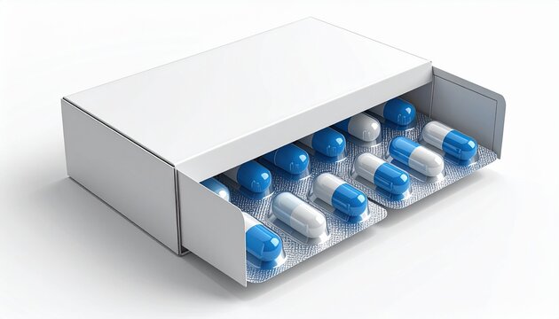 Medication capsules in blister pack inside a clean white box deliver essential health support, promoting wellness and treatment with pharmaceutical solutions