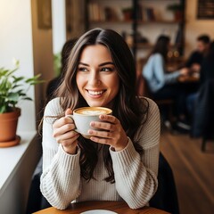 Woman Enjoying Coffee in a Cozy Cafe Setting.