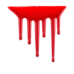 Vivid image of viscous red fluid dripping downwards, with glossy textures against a dark background