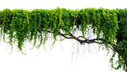 Lush green climbing plant, cascading from a sturdy branch against a clean background