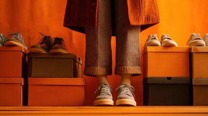 legs and sneakers surrounded by shoeboxes