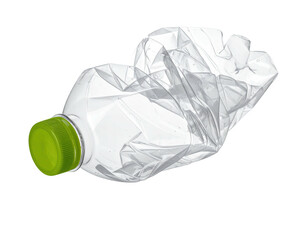 Crushed, clear plastic bottle with green cap against black background