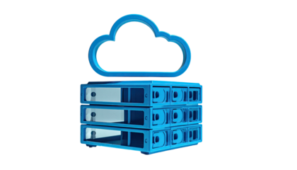 A blue 3D cloud icon atop stacked server racks, against a black background