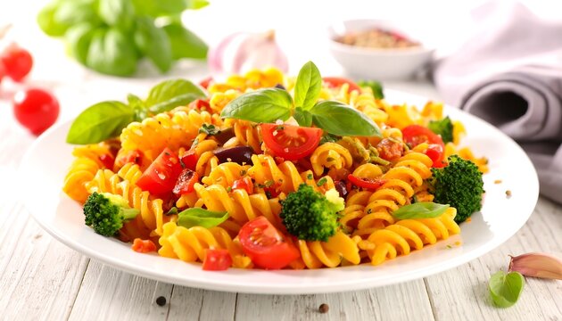 Colorful pasta dish with tomatoes, basil, and broccoli - Powered by Adobe
