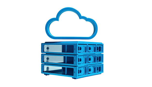 A blue 3D cloud icon atop stacked server racks, against a black background