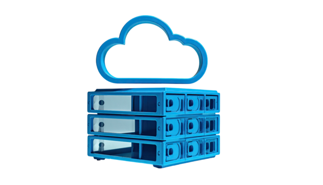 A blue 3D cloud icon atop stacked server racks, against a black background