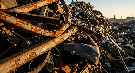 Rusty Metal Scrap Pile at Sunset - Industrial Recycling.