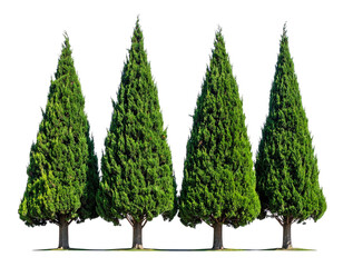 Four tall, green, evergreen trees with coned shapes, isolated on a black background