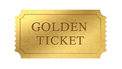 Digitally rendered, metallic golden rectangle ticket with "GOLDEN TICKET" embossed