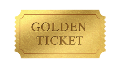 Digitally rendered, metallic golden rectangle ticket with "GOLDEN TICKET" embossed