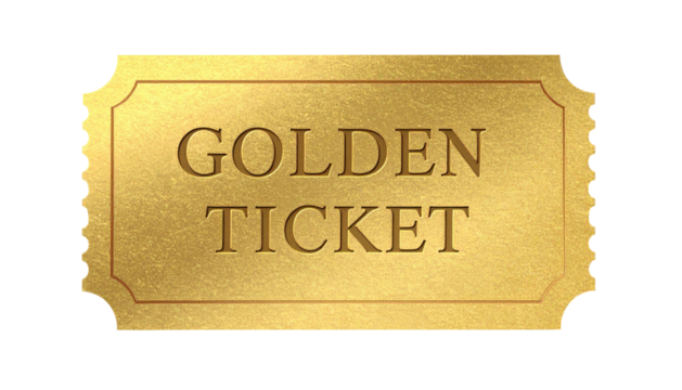 Digitally rendered, metallic golden rectangle ticket with "GOLDEN TICKET" embossed