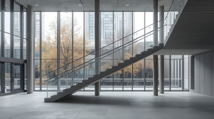 Obraz premium Modern minimalist interior with large glass windows and concrete staircase in contemporary office building, natural daylight illuminating spacious urban architecture with elegant clean design details