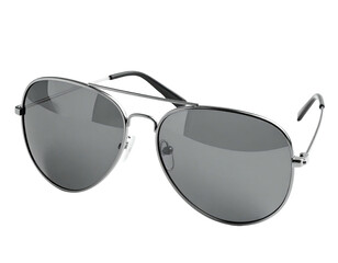 Shiny metallic aviator sunglasses with gray lenses and a black background