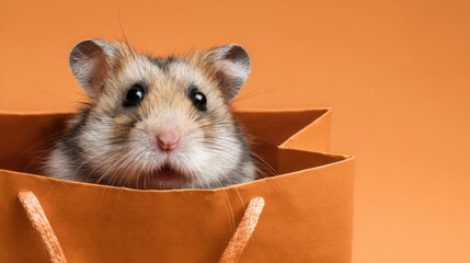 fluffy hamster in an orange bag,