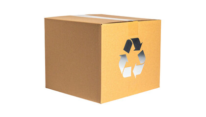 Cardboard box with recycling symbol, set against a black background