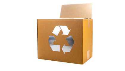 Cardboard box with recycling symbol cutout, lid ajar, on black background