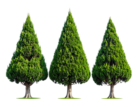 Three symmetrical, green trees with cone-shaped foliage, on a transparent background