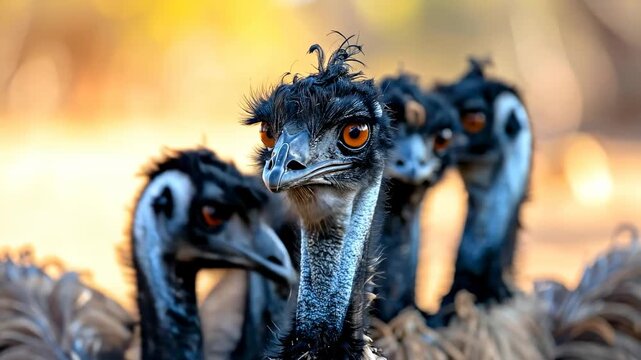 A curious mob of wild Australian emu birds looking at the camera.