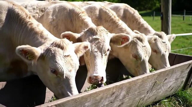 Cows eating fodder in wooden trough on green farm field
