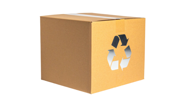 Cardboard box with recycling symbol, set against a black background