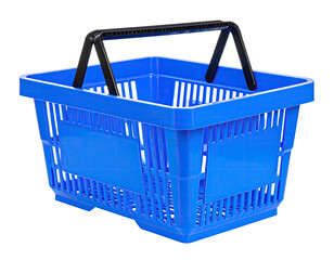 A vibrant blue rectangular plastic basket with a black handle, set against a black background