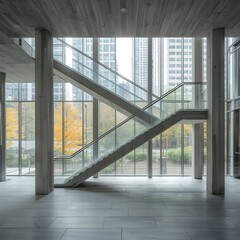 Obraz premium Modern minimalist interior with large glass windows and concrete staircase in contemporary office building, natural daylight illuminating spacious urban architecture with elegant clean design details