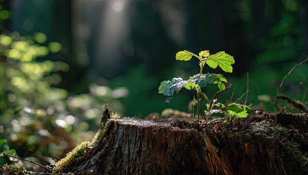 A small sapling emerging from a tree stump in a sunlit forest