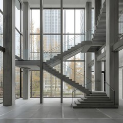 Fototapeta premium Modern minimalist interior with large glass windows and concrete staircase in contemporary office building, natural daylight illuminating spacious urban architecture with elegant clean design details