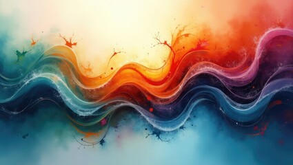 Abstract composition with vibrant color gradients featuring dynamic, flowing wave-like shapes, blending warm orange and red tones with cool blues and hints of green.