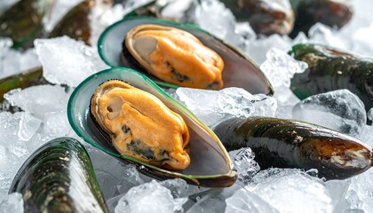 Close-up of fresh mussels, their vibrant orange meat exposed, nestled among crushed ice, showcasing a seafood delicacy