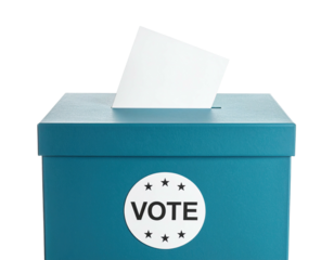 A teal box, labeled "Vote," with a blank paper being placed inside the slot