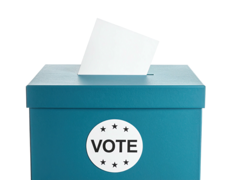 A teal box, labeled "Vote," with a blank paper being placed inside the slot