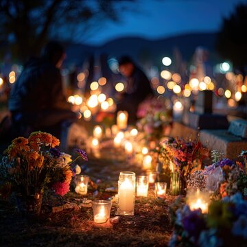 Low-light image of cemetery with glowing candles, flower arrangements, and visitors praying beside graves