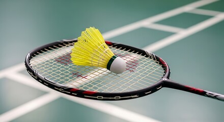Badminton Equipment - Shuttlecock on Racket on Court.