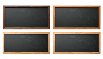 Four rectangular, framed blackboards with varying wood frame colors on a black background