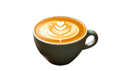 A delicious latte with beautiful art on top in a black cup.