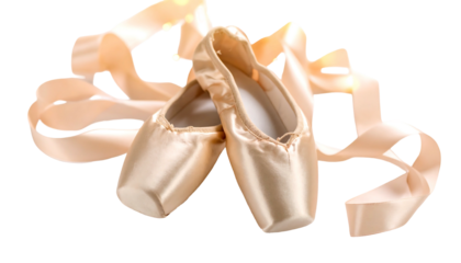 A pair of pink satin ballet pointe shoes with ribbons on a white background.