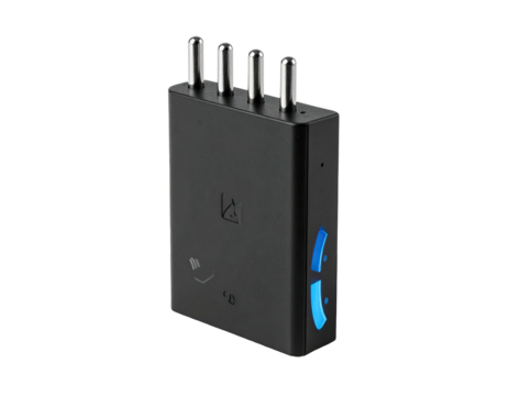 Sleek black device with four chrome prongs, two blue illuminated buttons