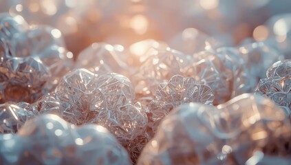Detailed macro photograph showcasing clusters of reflective, crystal-like formations with intricate patterns, illuminated by a soft, warm light creating a delicate and ethereal atmosphere.
