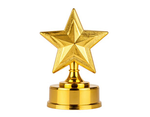 A shiny gold star trophy on a pedestal, isolated on a black transparent background