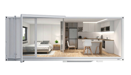 Interior of a modern, white container home; bedroom, kitchen, living space, open layout