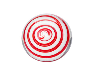 A swirl of red and white stripes in a glossy, transparent sphere, black background