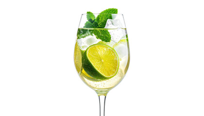 A chilled cocktail with lime, ice, and mint in a stemmed glass, black background