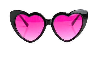 Black heart-shaped sunglasses with bright pink lenses against a stark black background