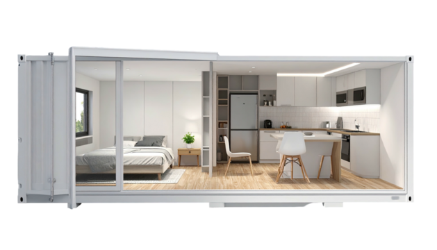 Interior of a modern, white container home; bedroom, kitchen, living space, open layout