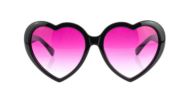 Heart-shaped sunglasses, black frames, gradient pink lenses, isolated on black background - Powered by Adobe